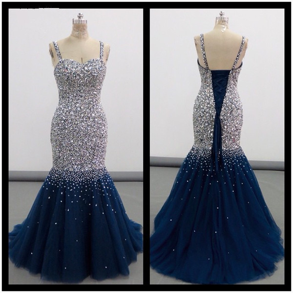 Luxury Navy Blue Mermaid Pageant Prom Dresses With Spaghetti Straps Rhinestones Glittery Crystal Beaded Tulle Evening Formal Gown Dress