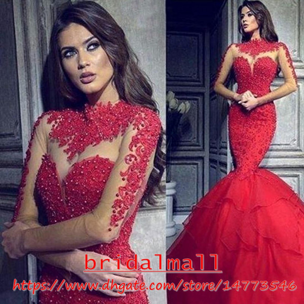 Illusion Beaded Pearls Red Arabic Prom Pageant Dresses Mermaid Long Sleeves Formal Evening Dress High Neck Appliqued Party Celebrity Gowns