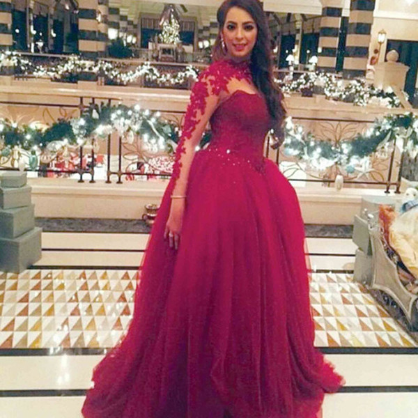 Burgundy Prom Evening Dresses Ball Gown High Neck Illusion Long Sleeve Tulle Applique Floor Length Pageant Vestidos De Maid Of Honor Dress