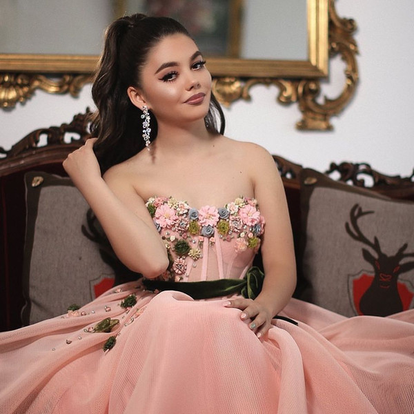 Pageant Dresses Ball Gown See Through Coral Pink Colorful 3D Flowers Decorated Sweetheart Floor Length Prom Gowns