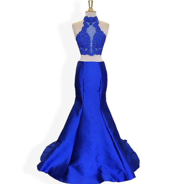 Sexy Royal Blue High Neck Mermaid Cheap Pageant Dresses Long Plus size New Arrival Applique With Beaded Satin Prom Evening Dress Gowns