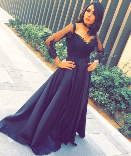 Sexy Black Long Illusion Sleeves Pageant Prom Dresses with Applique Lace A line Satin Floor Length Cheap Evening Formal Gown Dress