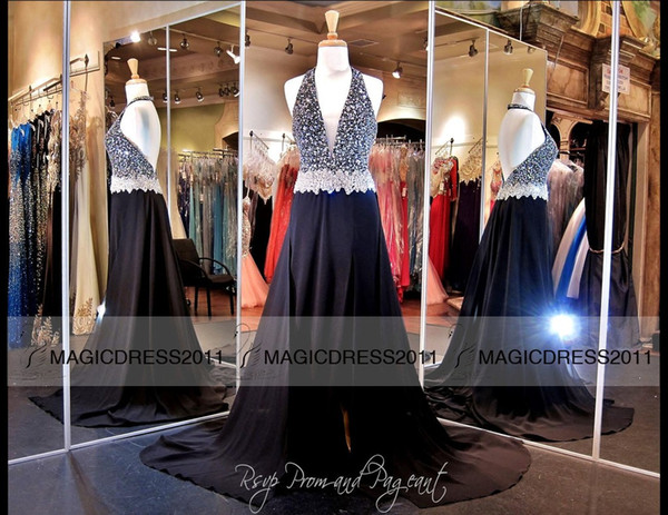Sexy Black Pageant Dresses Backless Prom Evening Gowns A-Line Halter Crystal Beaded Plus size Long Formal Party Dress Celebrity Gowns 2015
