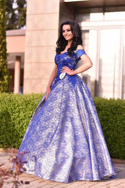 Royal Blue Lace Off Shoulder A Line Girls Pageant Dresses Gowns in Prom Dresses Long Cheap New Sexy Cheap 