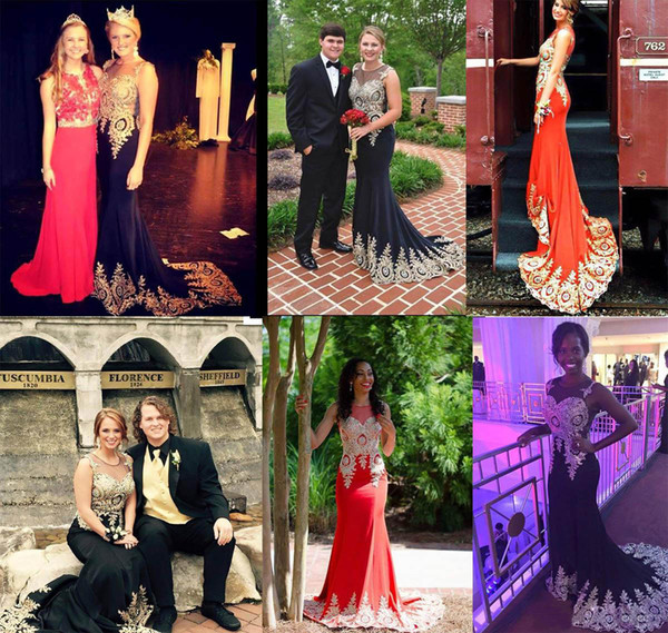 Real Image Miss USA Pageant Dress 2016 Sheer Neck Gold Appliques Mermaid Black Red Teen Evening Prom Gown Occasion Event Wears Cheap Custom