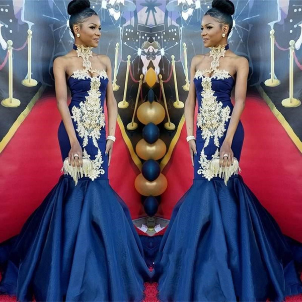 Fashion Halter Mermaid Pageant Dresses Navy Blue Sleeveless Gold Lace Appliques Red Carpet Prom Party Gowns Sexy Tight Evening Dress