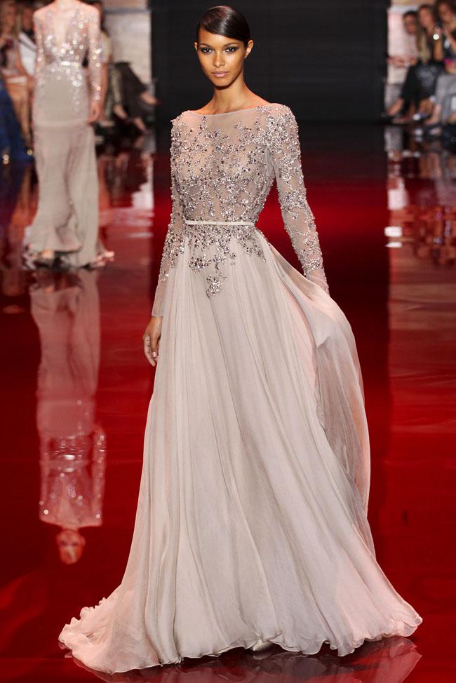 Sexy 2014 Distinctive Appliques Beaded Decorated Elie Saab Prom Dresses Bateau Sheer Long Sleeve A-Line Floor-Length Pageant Dresses DH7008