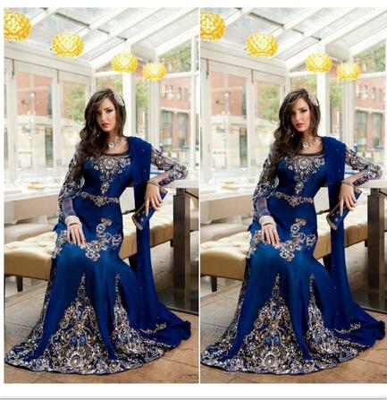 2016 Royal Blue Crystal Muslim Arabic Pageant Dresses Applique Lace Abaya Dubai Kaftan Long Plus Size Formal Prom Party Evening Gowns Shawl