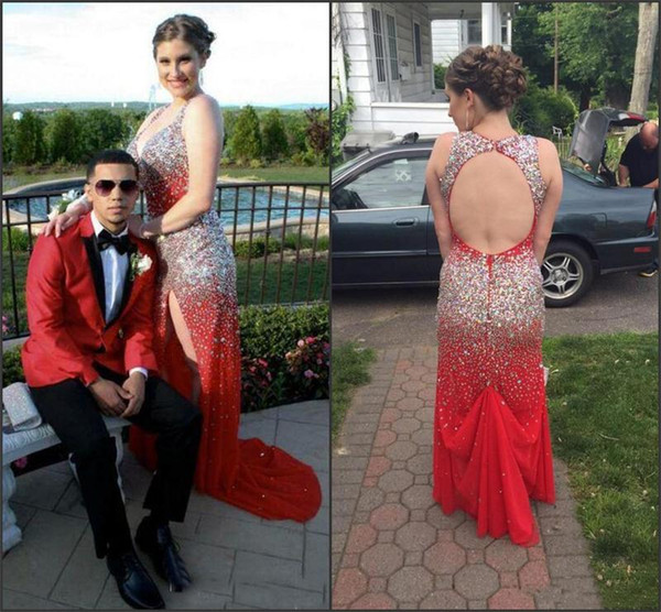 Deep V-Neck Mermaid Pageant Dress 2017 Beaded Open Back Sexy Crystals Prom Dresses Evening Wear High Split Special Occasion Evening Gowns