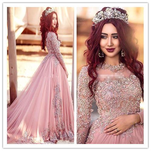 Ball Gown Long Sleeves Evening Dresses Princess Muslim Prom Dresses With Lace Red Carpet Runway Pageant Dresses Custom Made