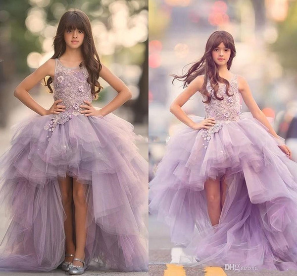 New Girls Pageant Dresses Princess Tulle High Low Length Lace Appliques Lilac Kids Flower Girls Dress Ball Gown Cheap Birthday Gowns 33