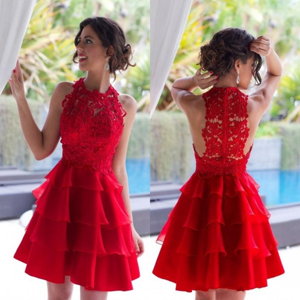 Charming Red Cocktail Dresses Vintage Lace Short Mini Homecoming Gowns Jewel Neck Tiers Organza Knee Length Prom Party pageant Gowns