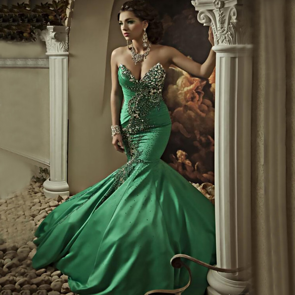 Exquisite Beaded Rhinestones Green Taffeta Pageant Dresses 2017 Sexy Mermaid Sweetheart with Lace-up Back Long Arabic Evening Prom Gowns