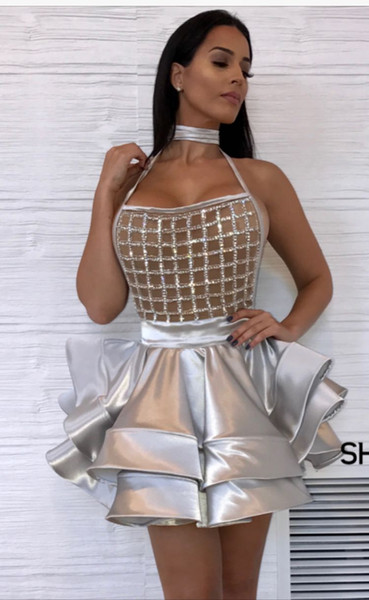 Sexy Pageant Dresses Halter Straps with Backless Sheer Grid Beaded Top and Water Like Shiny Skirt Cocktail Party Dresses