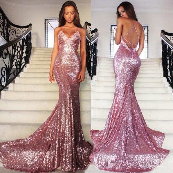 New Rose Pink Glitz Sequined Mermaid Prom Dresses Spaghetti Strap Sexy Backless Sweep Train Formal Evening Dresses Ladies Pageant Dress
