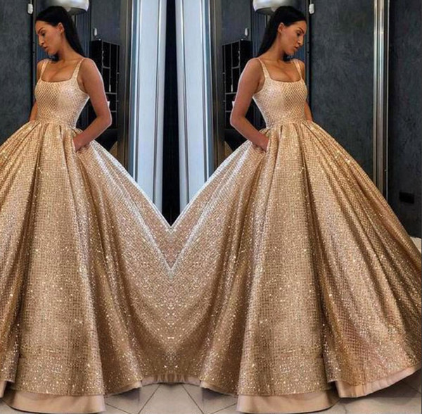 Luxury Blingbling Gold Sequined Ball Gown Pageant Dresses Gorgeous Floor Length Prom Party Gown Square Neck Evening Dress