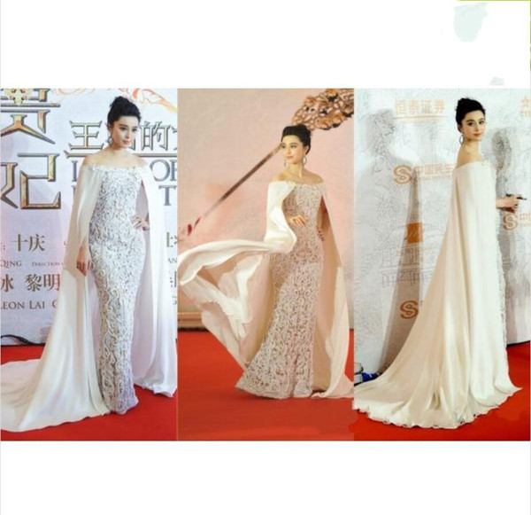 Sheath Lace Runway Evening Dresses New with Cape Middle East Split Gowns Evening Wear Pageant Dresses 876