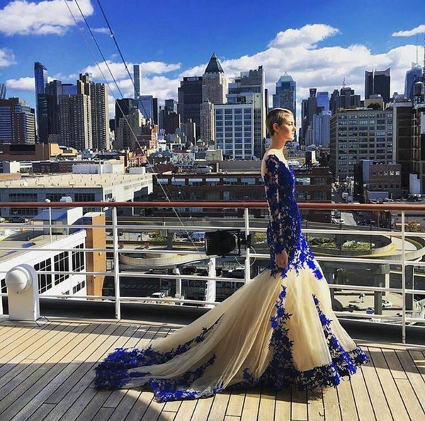 Pageant Dresses Sexy deep V collar fish tail wrap hip tail coat transparent long sleeved champagne plus blue Decor dress custom mailing
