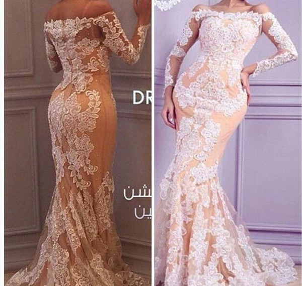 2017 New Sexy Arabic Evening Dresses Off Shoulder Long Sleeves Sheer White Lace Appliques Beaded Pageant Dresses Formal Women Gowns