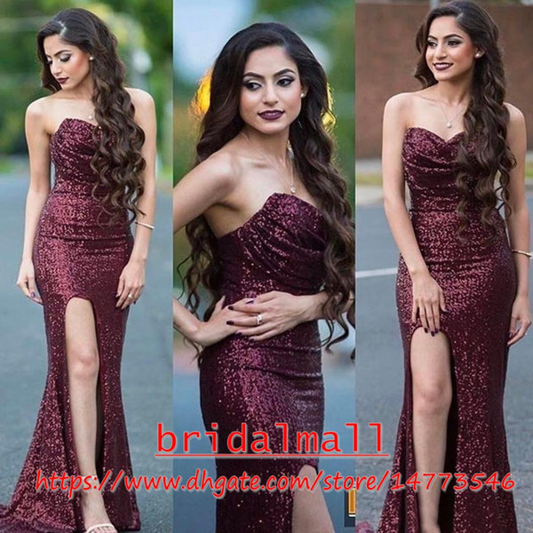 Sparkly Burgundy Sequins High Split Prom Evening Dresses Sexy Sweetheart Sheath Long Red Carpet Dress Cheap Pageant Dress Celebrity