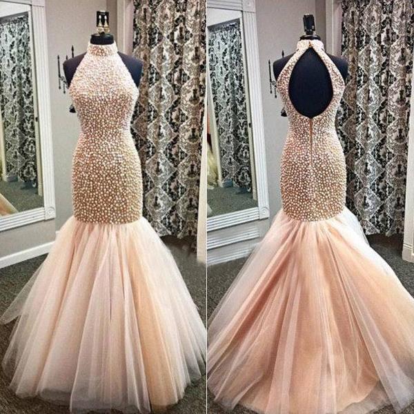 Champagne luxury sparkly Prom pageant dresses 2016 Mermaid Open Backless Heavy Beaded Evening Dresses Sexy Mermaid Gown for Graduation