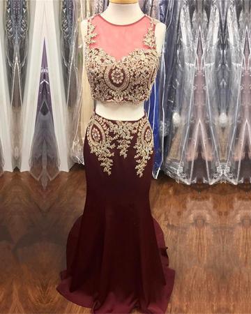 Gorgeous Gold Applique Two Pieces Pageant Prom Dresses Sheer Neck Lace Mermaid Long Cheap Designer Celebrity Evening Formal Gown Dress