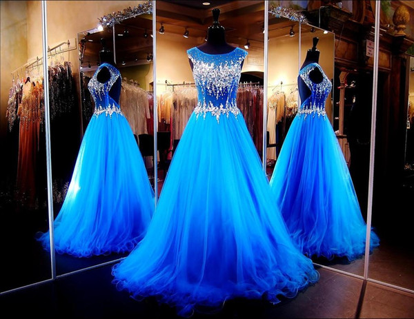 2015 Backless Pageant Prom Dresses with Cap Sleeves Illusion Neckline Keyhole A-Line Ball Gowns Blue Quinceanera Dresses with Crystals