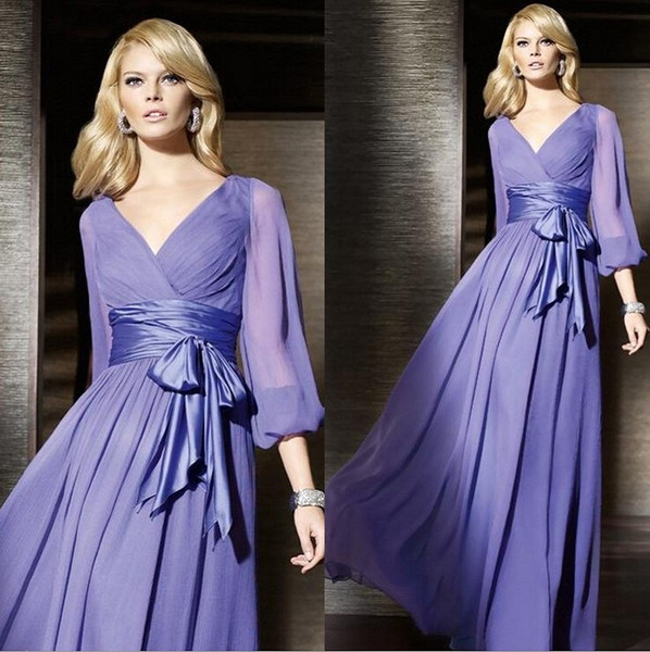 3/4 Long Illusion Sleeves Evening Dresses Black 2015 Trumpet V Neck Chiffon Formal Gown Pageant Dresses