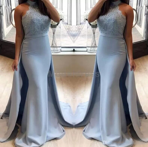 Arabic Light Sky Blue Mermaid Pageant Dresses Halter Open Back Appliques Formal Evening Party Gowns Plus Size Customized