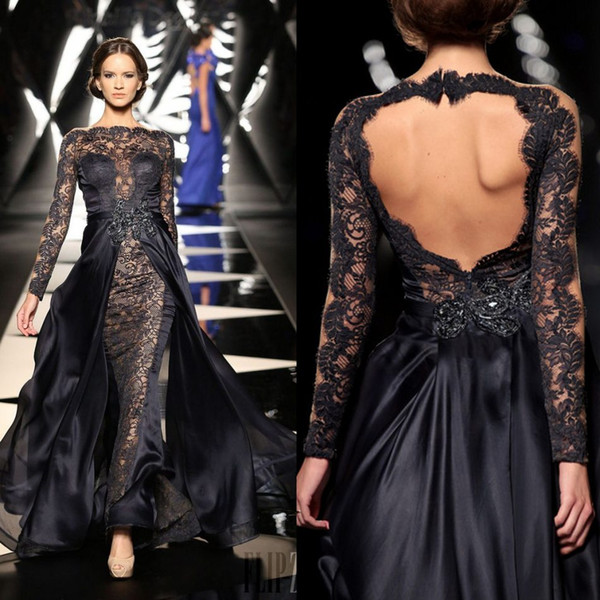 2015 New Design Lace Bateau Neck Long Lace Sleeves Pageant Dresses Front Lace Chiffon Back Prom Evening Gowns with Detachable Sweep Train