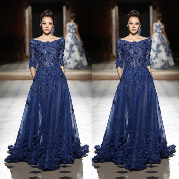 Navy Blue Lace Pageant Dresses Inspired By Zuhair Murad A Line Scoop Neckline Half Sleeves Appliques Beaded Long Evening Gowns Formal