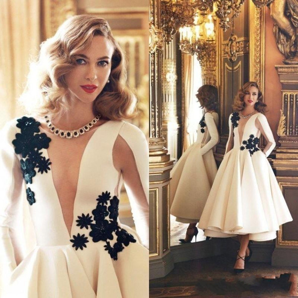 Sexy White Long Sleeves Prom Dresses 3D Floral Lace Applique Short Party Cocktail Dresses Ankle Length Cheap Satin Formal pageant Gowns