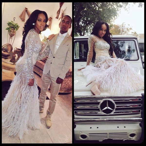 Fashion Prom Dress 2019 New Black Girl Vestidos De Fiesta Mermaid Ostrich Feathers Blingbling Rhinestones Beaded Illusion Pageant Gowns 875
