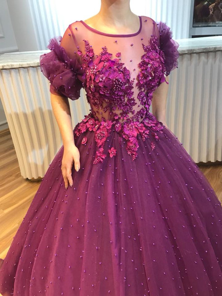 Princess Pageant Dresses Sheer Crew Neckline 3D Flowers Pearls Beaded Prom Party Gowns With Puffy Short Sleeves