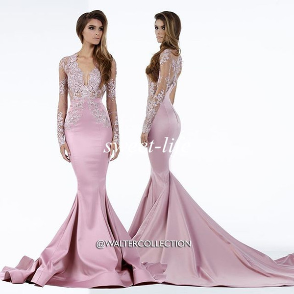 2016 Miss USA Pageant Dresses Mermaid Sheer Deep V Neck Lace Sweep Train Satin Plus Size Long Sleeves Evening Dresses Celebrity Prom Gowns