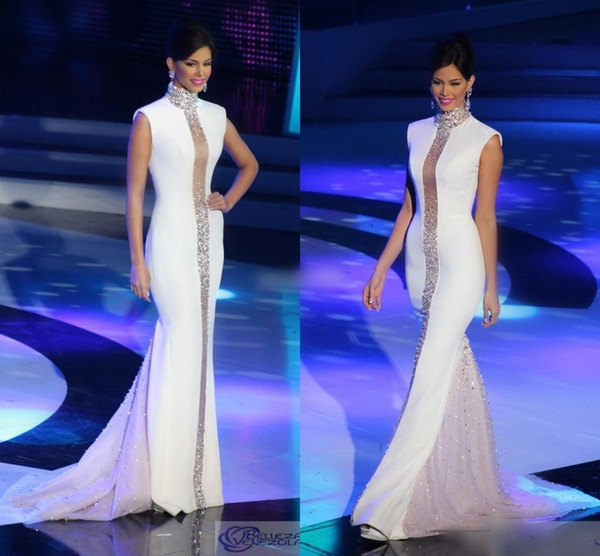 Miss Universe Pageant Evening Dresses White High Neck Bling Crystals Cap Sleeve Tulle Mermaid Cheap 2016 Celebrity Gowns Formal Prom Dresses