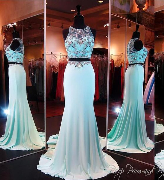 Two Pieces Pageant Dresses Sheer Neck Crystal Beads Rhinestone Floor Length Mermaid Evening Party Prom Dresses Women Dresses