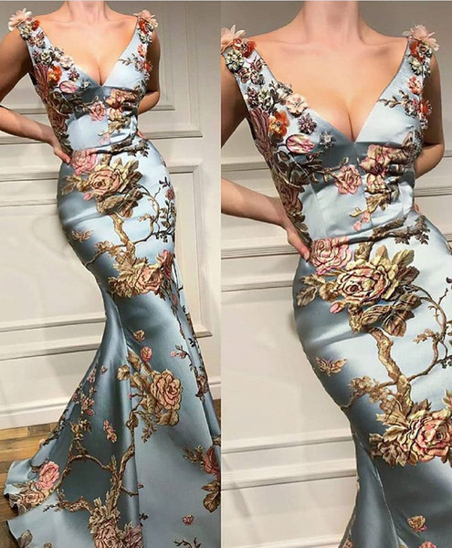 Jacquard Pageant Gowns Mermaid Deep V Neckline Blue Floral Power Court Train Evening Prom Gowns