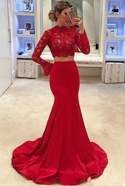 Red Two Piece Mermaid Pageant Dresses African Cheap Long Sleeve High Neck Lace Cheap Formal Evening Gowns Arabic Dubai Crop