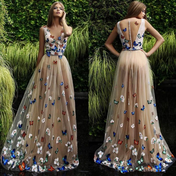 Pageant Dresses Sexy deep V-neck Champagne Color Butterfly multilayer net and ground ball dress back zipper button custom package