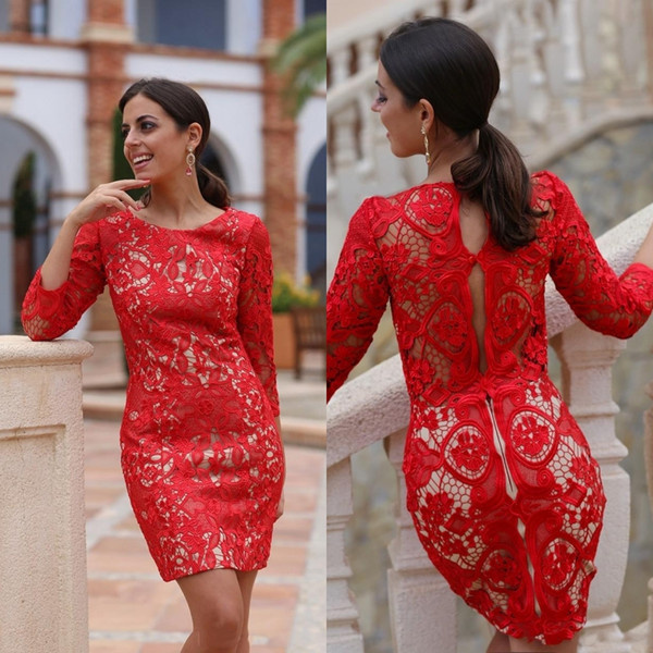 Mini Short Red Lace Cocktail Dresses Sheath Jewel Neck Vintage Long Sleeves Mother of Bride pageant Dresses Homecoming Prom Gowns