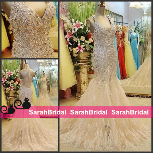 Luxury Crystals Sparkly Prom Pageant Dresses for Women Sale Cheap 2016 Long With Ostrich Feathers Mermaid Champagne Formal Evening Gowns