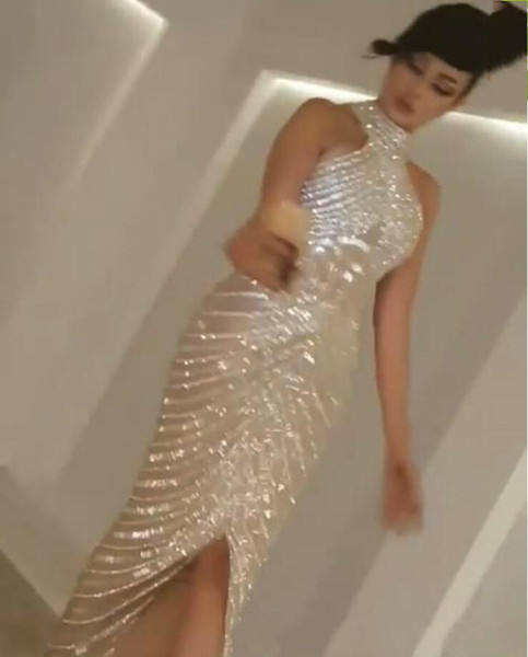 2019 Sexy Pageant Dresses High Neck Beaded Nude Fashion Front Split Floor Length Evening Gowns with Keyhole Back Design 883