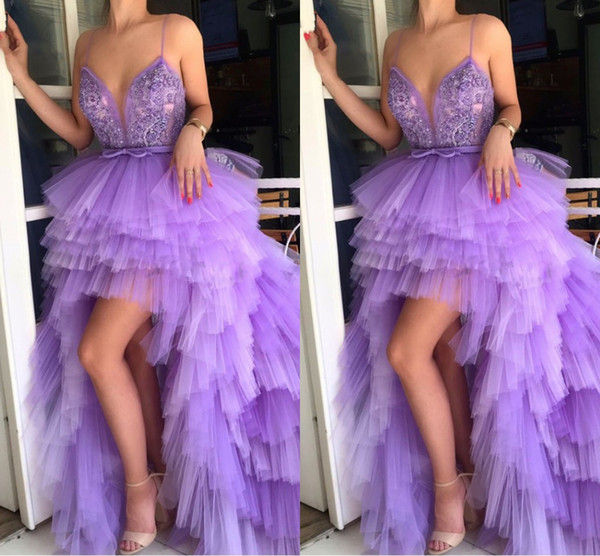 Ruffles Applique Beaded Crystal Pageant Dresses Prom Dress V-neck High Low Tulle Tiered Party Dress Girls Custom Made Red Carpet Dress