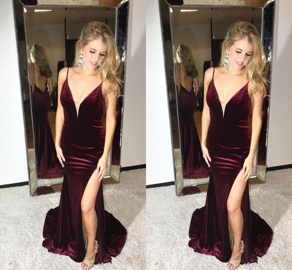 Simple Wine Red Deep V neck Pageant Prom Dresses with Spaghetti Straps Velvet Side Slit Long Cheap Evening Formal Gown Dress