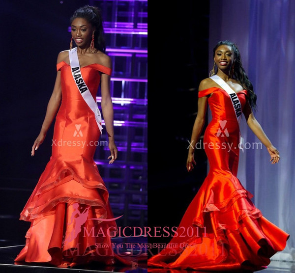 NNEAMAKA ISOLOKWU MISS TEEN USA 2016 Pageant Prom Dresses Mermaid Red Satin Tierd Skirts Celebrity Dress Ruffled Formal Evening Gowns