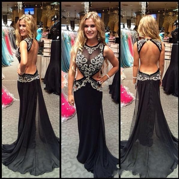Backless Sheath Pageant Dresses Sheer Crew Neckline Shiny Beaded Sequins Sheath Court Train Black Chiffon Women Formal Prom Party Gowns 