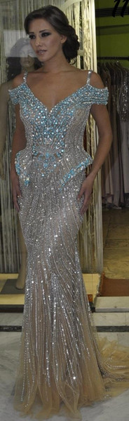 Gorgeous Mermaid Evening Dresses V neck Crystal Full Beads Tulle Floor Length Custom Made Party pageant Prom Party Noble Dresses