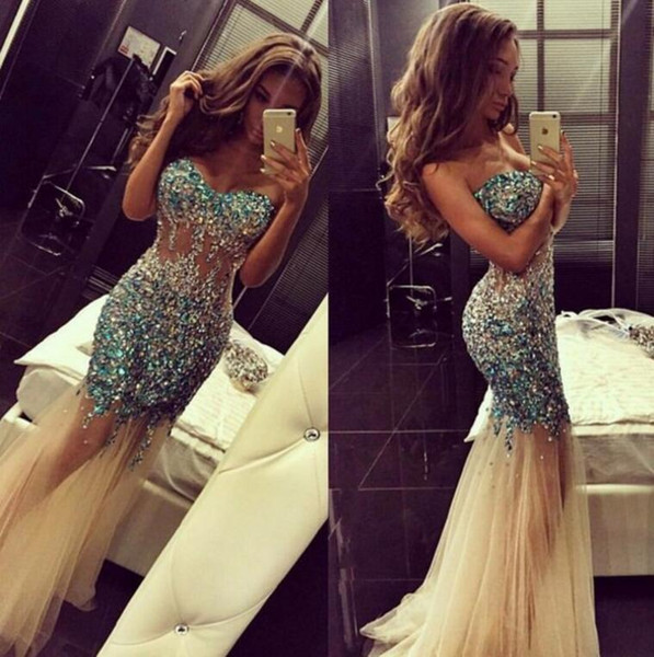 Sparkly Crystal Mermaid Pageant Prom Dresses See Through Designer Sweetheart Crystal Beaded Sequins Tulle Evening Formal Gown Dress