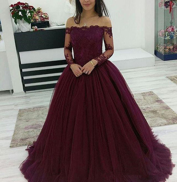 Burgundy Prom Evening Dresses Off The Shoulder Tulle Applique Lace Floor Length Illusion Long Sleeve Pageant Formal Maid Of Honor Dress